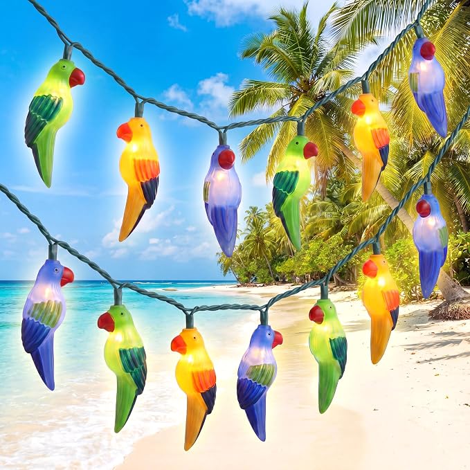 10 LED Tropical Beach Parrot Lights, 8.5Ft Camping String Lights Outdoor | Plug in, Connectable, 10 Multicolor Bird, Hanging Fairy Lights, Summer Hawaiian Decoration for Outside Party Home Decor