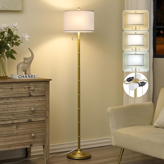 Upgraded 2-Light Mid Century Modern Glod Floor Lamp for Living Room | 63.5'' Tall Floor Lamp with 3 Color Temp Bulbs, Living Room Lamp with Chain Switch, Standing Lamp for Bedroom, Office, Corner