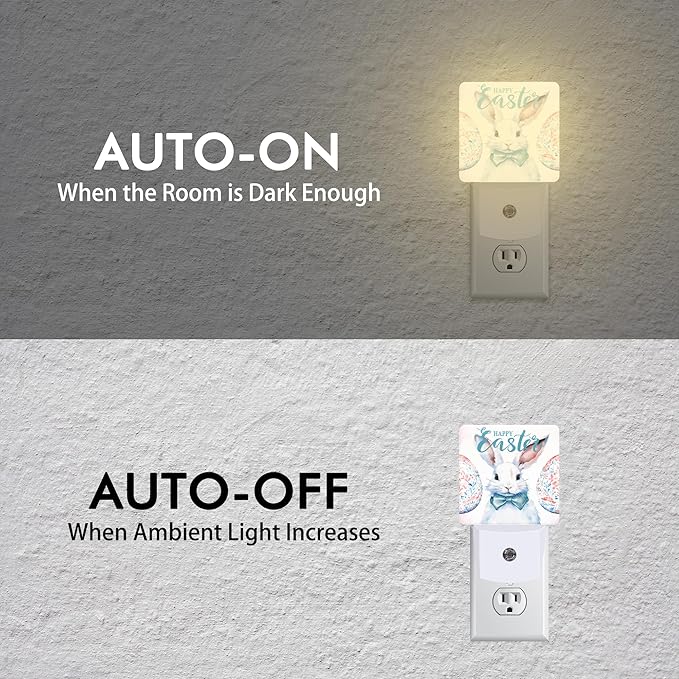 Happy Easter Eggs Rabbit Night Light,Night Light Plug into Wall with Dusk to Dawn Sensor Cute Nightlight for Women Men Boys Girls Room,Hallway,Nursery,Kitchen,Stairs,Bathroom,Bedroom Decor