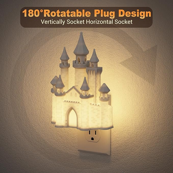JandCase Night Lights Plug into Wall,3D Printed Castle Night Light,3000K Plug in Nightlight with Dusk to Dawn Sensor,0-100LM Adjustable Brightness for Rooms Bathroom Hallway