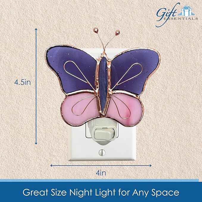 Gift Essentials Pink and Purple Butterfly Plug in Night Light - Stained Glass Nightlight with On/Off Rocker Switch - Includes One 4 Watt Replaceable Incandescent Warm Glow Bulb