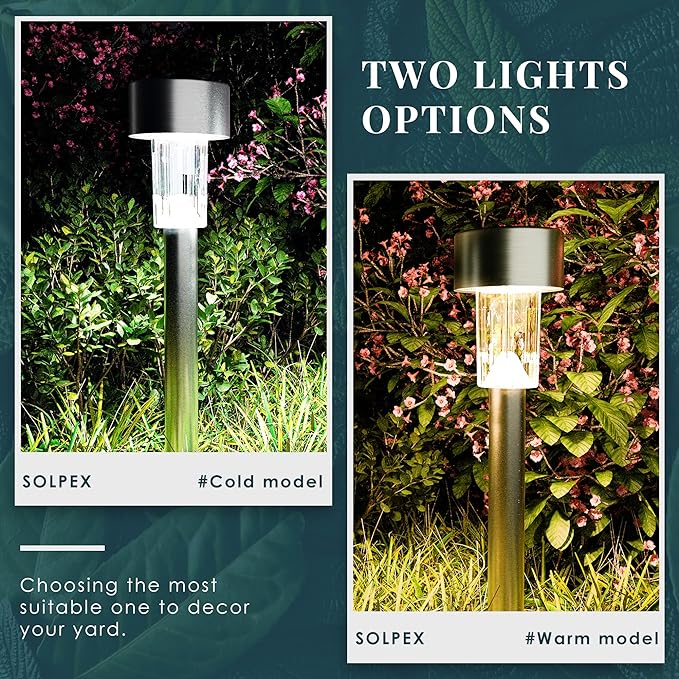 SOLPEX 16 Pack Solar Outdoor Lights Pathway, Stainless Steel Solar Lights Outdoor Waterproof,LED Landscape Lighting Solar Walkway Lights for Landscape/Patio/Lawn/Yard/Driveway-Warm White