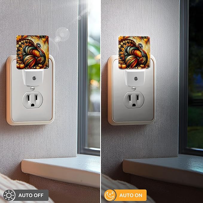 LED Night Light Lamp with Smart Sensor Dusk to Dawn Sensor,Thanksgiving Turkey Abstract Fall Colors Night Light Daylight White,0.5W Plug-into Wall for Adults,Bedroom,Bathroom,Hallway,Kitchen