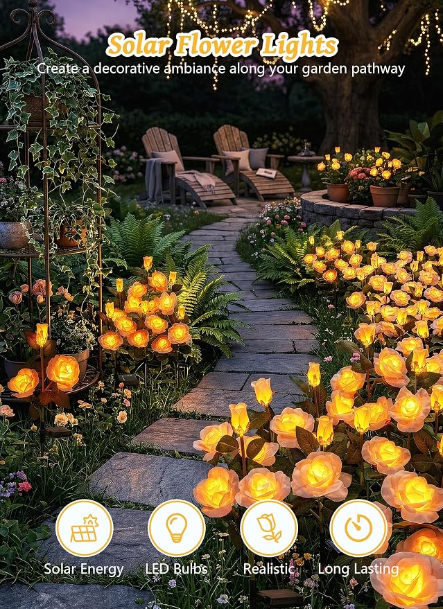 Brightown Solar Garden Lights, 4 Pack LED Rose Flower Lights Waterproof | Larger & Realistic Champagne Rose, Bigger Solar Panel, Waterproof Solar Lights Outdoor for Yard Garden Lawn Pathway Decor