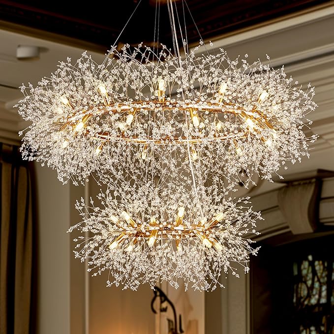 Wellmet Gold Crystal Chandelier 43.3 Inch 2 Tier Modern Firework Chandelier,Mid Century Round Ceiling Lighting for High Ceiling Light for Bedroom Dining Room,Kitchen,Living Room,Entryway,Hallway