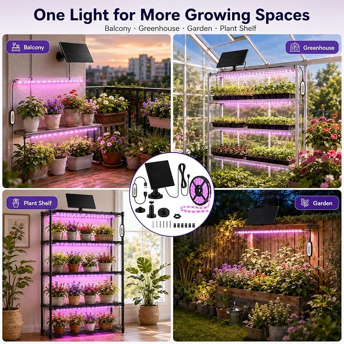 16.4FT Solar Grow Light Strip for Indoor Outdoor Plants | with Full Spectrum LED Waterproof Plant Growing Lights & 16.4FT Power Cord, Solar Panel, 2/4/8H Timer, for All Growth Stages
