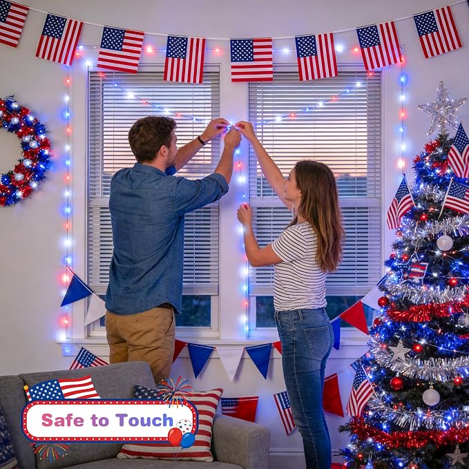 JMEXSUSS 100 LED Red White and Blue Fairy Lights for 4th of July Decor | 33ft USB Fairy Lights Plug in, 4th of July Lights for Indoor Outdoor Home Car Patriotic Memorial Independence Day Decorations