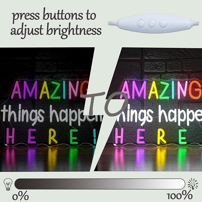 Amazing Things Happen Here Neon Sign Positive Letters Neon Light Sign Dimmable Colorful LED Words Neon Light for Wall Decor Bedroom Party Shop Office Classroom