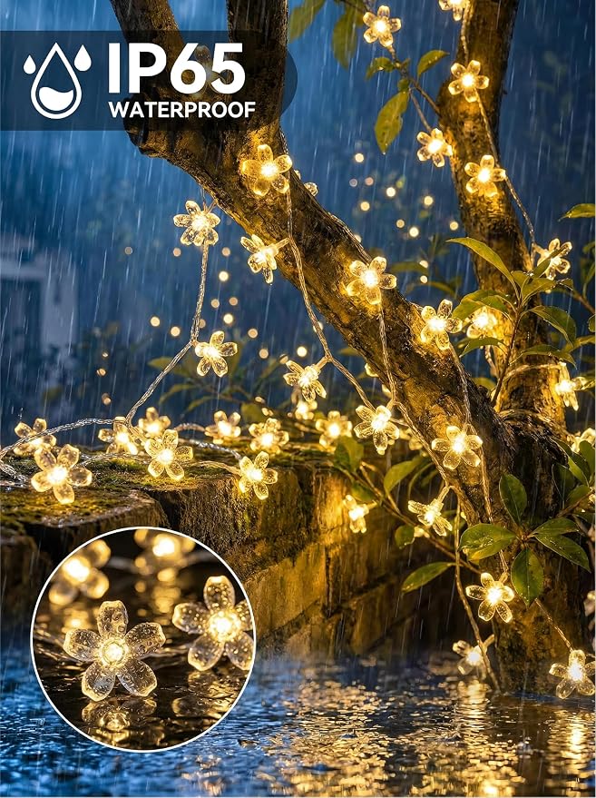 Flower Battery Operated Indoor String Lights 30L Cherry Blossom Fairy Light | Waterproof Outdoor Party Birthday Wedding Room Camping Graden Home Orange