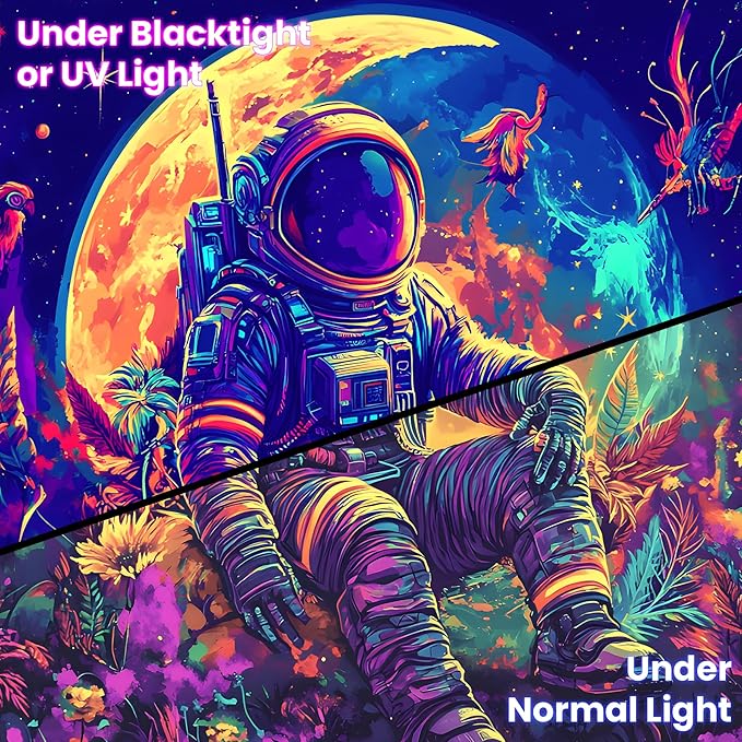 BVBOX Blacklight Space Astronaut Tapestry UV Reactive Galaxy Planet Glow in Dark Tapestries Black Light Poster Neon Wall Hanging Art for bedroom Living Room (Astronaut & Moon-3M)