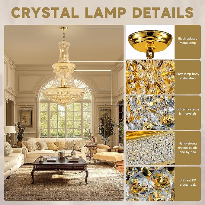 32" W 27 Light Luxury Foyer Chandeliers, Unique Empire K9 Crystal Chandelier for High Ceiling Foyer Entryway Living Room (Gold)