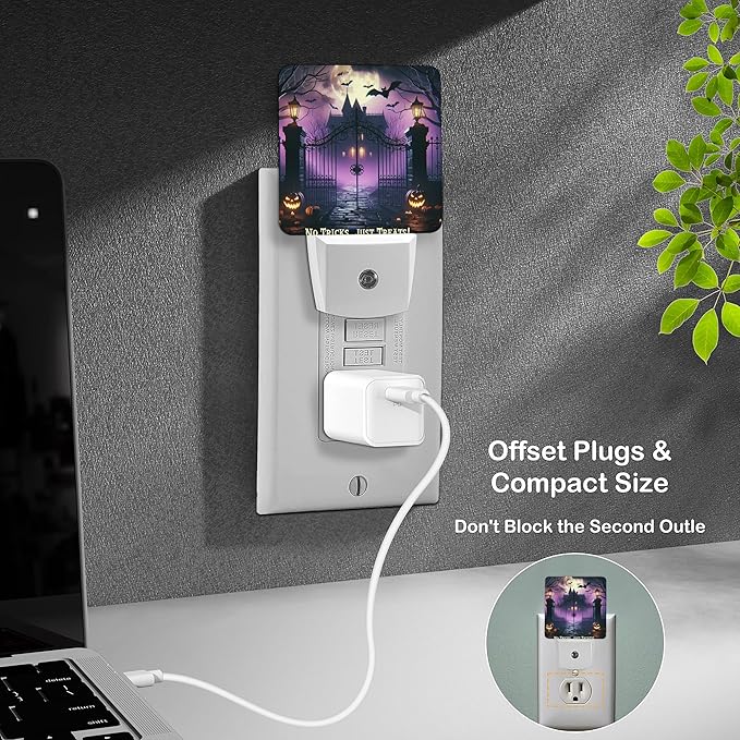LED Night Light Lamp with Smart Sensor Dusk to Dawn Sensor,Dark Halloween Vibe Eerie Fog Cast Bats Fly Spider Web Pumpkin No Tricks Just Treats Night Light Daylight White,0.5W Plug-into Wall
