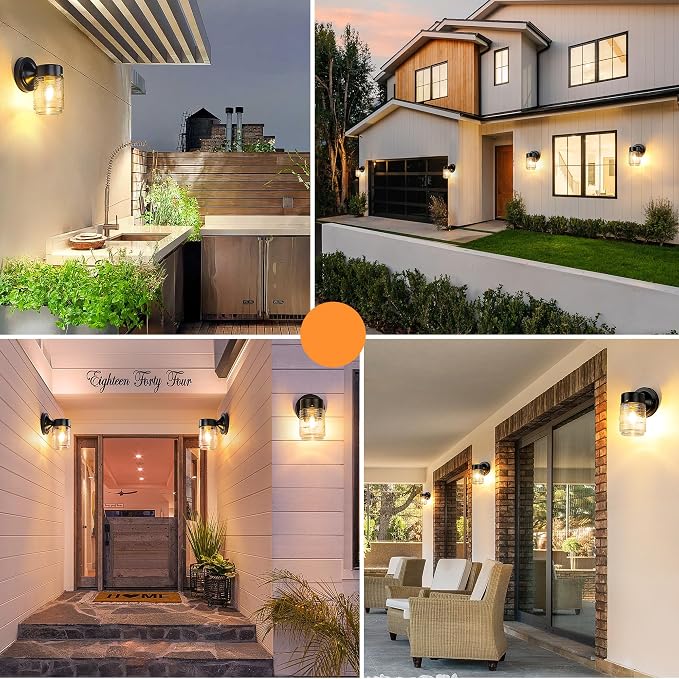 Outdoor Wall Light Jelly Jar Shape, Front Porch Lighting, 2 Pack | Waterproof, Anti-Rust, Clear Ribbed Glass, Exterior Wall Mount Lights, Front Porch Light, Outside Patio Sconce Entryway