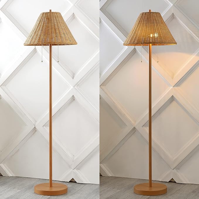 JONATHAN Y Nando 2-Light Coastal Rattan Floor Lamp 61", Brown Wood Finish | Mid-Century Modern, Standing Lamp, Metal Base, Pull-Chain Switch, Woven Coolie Shade, LED Bulbs Included