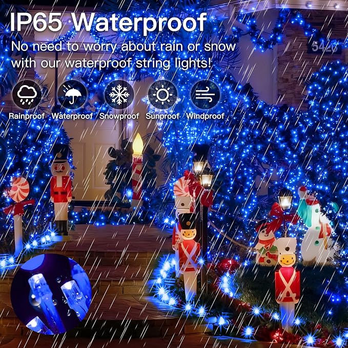 33FT 100 LED Blue Christmas Twinkle String Lights Indoor Outdoor | 8 Modes with Memory, Connectable, IP65 Waterproof, Transparent Wire, Up to 5 Sets, Widely use for Classroom, Bedroom, dorm