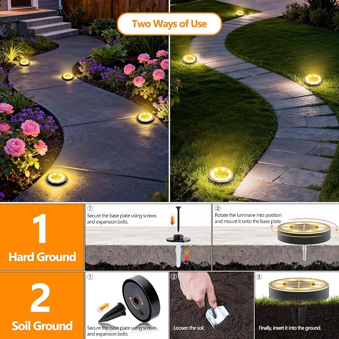 Joomer 2-in-1 Solar Lights Outdoor Waterproof, 8 Pack 8 LED, Warm White | Solar Powered Garden Lights Ground Disc Landscape Lighting for Patio Pathway Lawn Yard Driveway Walkway Deck Step