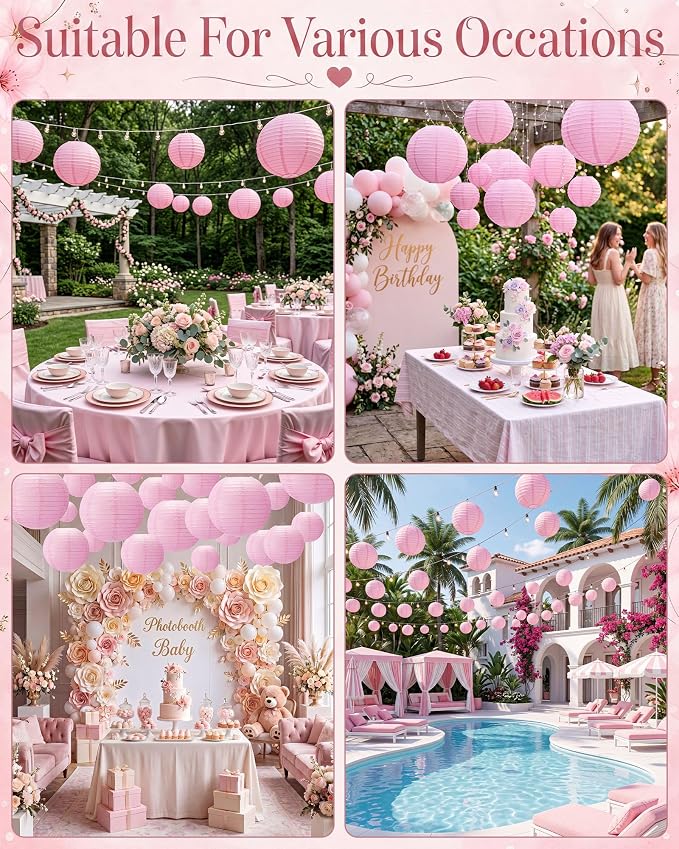 Treela 48 Pcs Paper Lanterns Party Decorations Chinese Round Paper Decor 4/6/8/10 Inch Asian Hanging Lamps Decorative for Graduate Wedding Birthday Party Bridal Parties Supplies (Pink)
