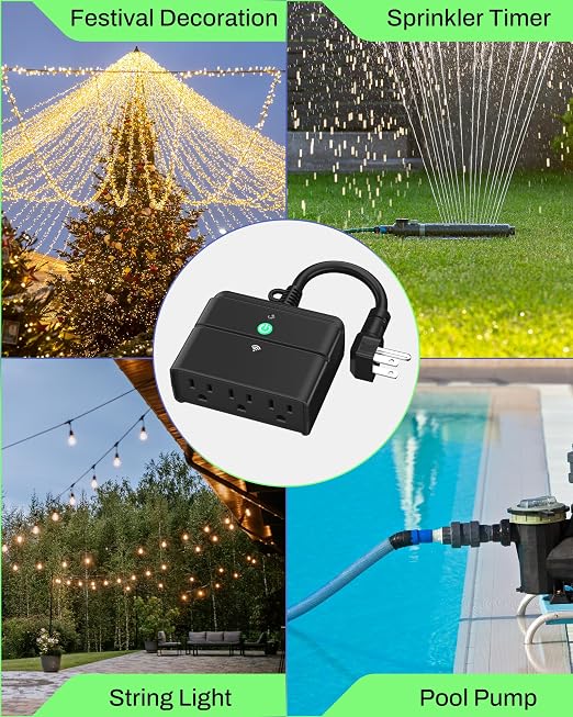 BN-LINK Outdoor Smart Wi-Fi Plug,Heavy Duty 3 Grounded Outlet Timer,2.4GHz | IP44 Weatherproof for Garden & Patio, Works with Alexa & Google Assistant, Voice & Remote Control, Schedule & Countdown
