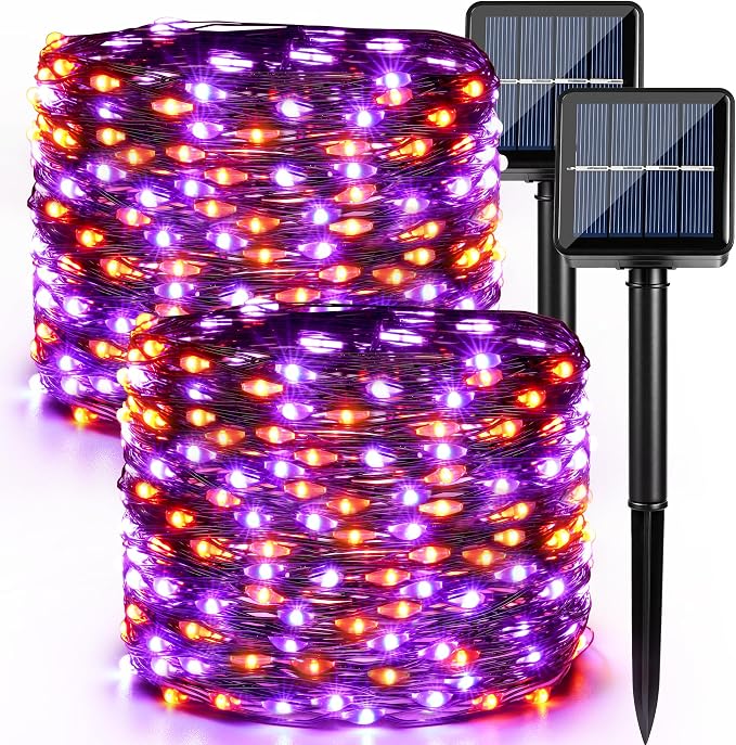 Brizled Outdoor Halloween Lights Orange Purple Solar Halloween Fairy Lights | 2 Pack Total 78FT 240 LED; Black Wire; 8 Modes; Waterproof Spooky Twinkle Lights for Yard Garden Spooky Party Decorations