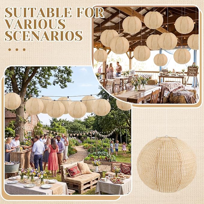 12 Pcs Print Burlap Paper Lanterns Round Chinese Paper Lanterns Farmhouse Boho Classroom Home Decor Classroom Sweet Birthday Party Ceremonial Event (16 Inch)