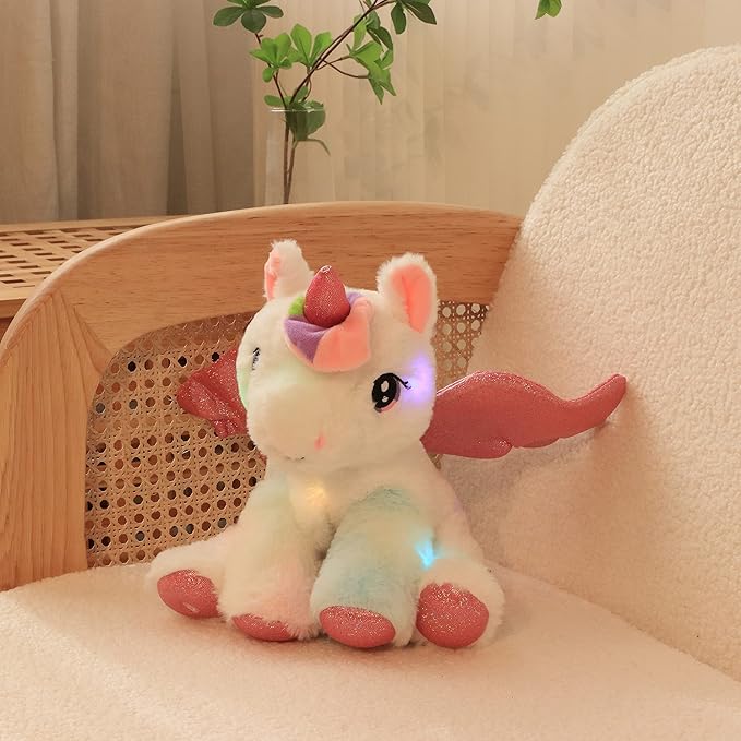 Hopearl Adorable LED Plush Unicorn Lighting Up Cute Stuffed Animal Floppy Night Lights Glow in The Dark Birthday Festival for Kids Toddler Girls, White, 11''