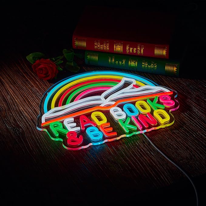 Read Books Neon Sign Read Books and Be Kind Neon Signs for Wall Décor Dimmable Colorful Rainbow Light Classroom Reading Room Bookstore Bookish Decor Compatible with Timer