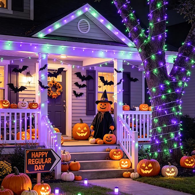 JMEXSUSS 200 LED Purple Green Halloween Lights Indoor Outdoor,Christmas Lights Clear Wire Plug in for Halloween Tree Decorations