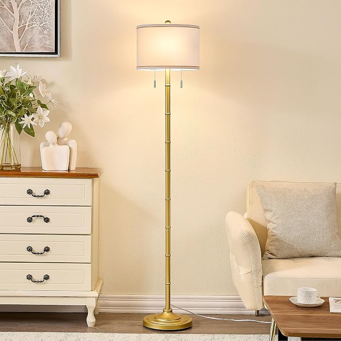 Upgraded 2-Light Mid Century Modern Glod Floor Lamp for Living Room | 63.5'' Tall Floor Lamp with 3 Color Temp Bulbs, Living Room Lamp with Chain Switch, Standing Lamp for Bedroom, Office, Corner