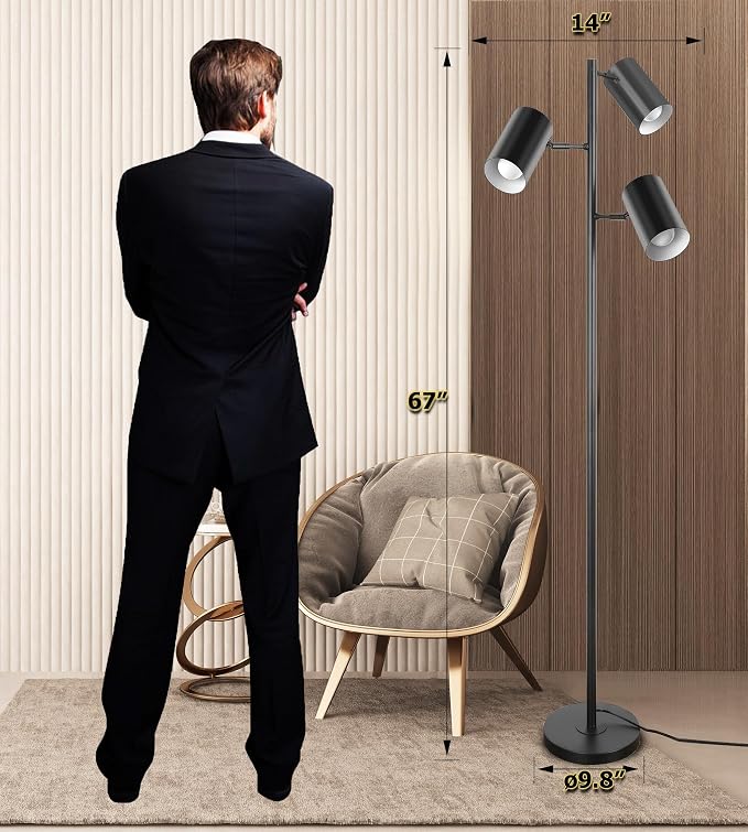Tree Floor Lamp with 3 Light Bulbs,Black Standing Tall Pole Lamp with 3 Adjustable Rotating Lights,Farmhouse Floor Lamp for Living Room Bedroom Office,Vintage Standing Lamp 9W E26 LED Bulbs Included.