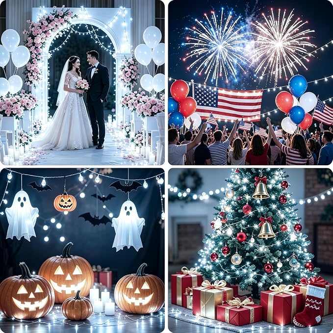 2 Pack Battery Operated LED Fairy Lights with Remote, 33ft 100LED Waterproof Silver Wire Starry Lights with Reel for Wedding Party Christmas Decor, White