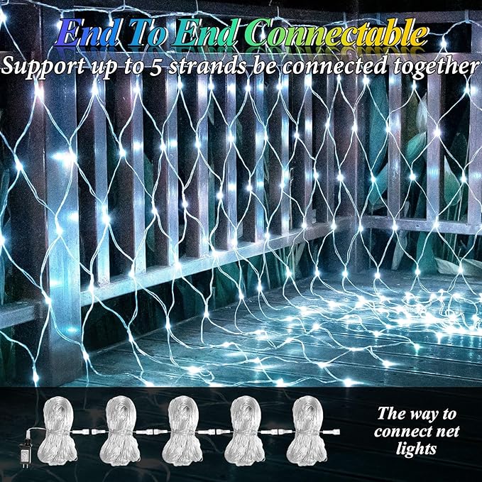 8ft x 8ft Net Lights, 180LED Gazebo Lights Outdoor 8 Modes Timer, Waterproof Connectable Christmas String Lights Clear Wire Plug in for Bushes Patio Pergolas Garden Holiday Party - Cool White
