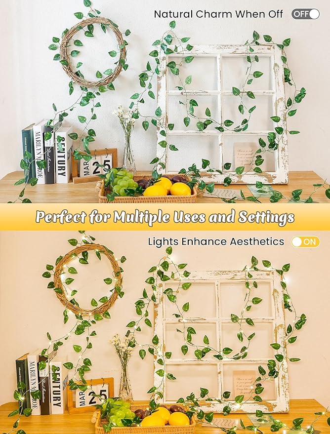 YOUNGAR Pothos Vines with Fairy Lights,Battery/USB Operated Leaf String Warm White Lights,23FT 73LED vine lights with Remote for Bedroom Garland Wedding Birthday Garden Party Wall Room Headboard Decor