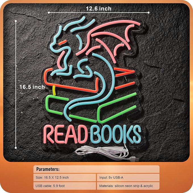 Read Books Neon Sign Book Dragon neon sign for wall decor