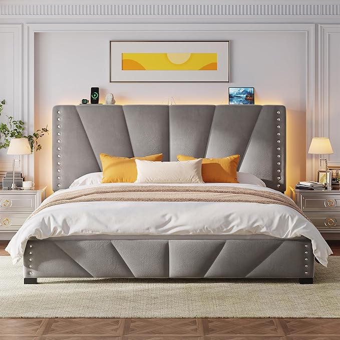EnHomee King Size Bed Frame with LED Lights & USB, Noise-Free, Grey | Adjustable Velvet Headboard，Under-Bed Storage，Heavy Duty Support with 12 Slats，No Box Spring Needed，Easy Assembly for Bedroom