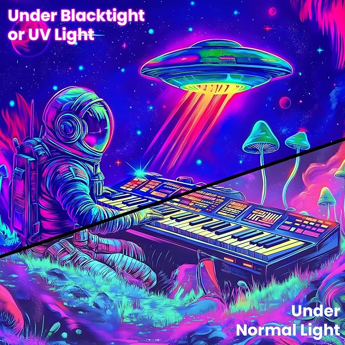 BVBOX Blacklight Space Astronaut Tapestry UV Reactive Galaxy Planet Glow in Dark Tapestries Black Light Poster Neon Wall Hanging Art for bedroom Living Room (Astronaut Play the Keyboard-1M)