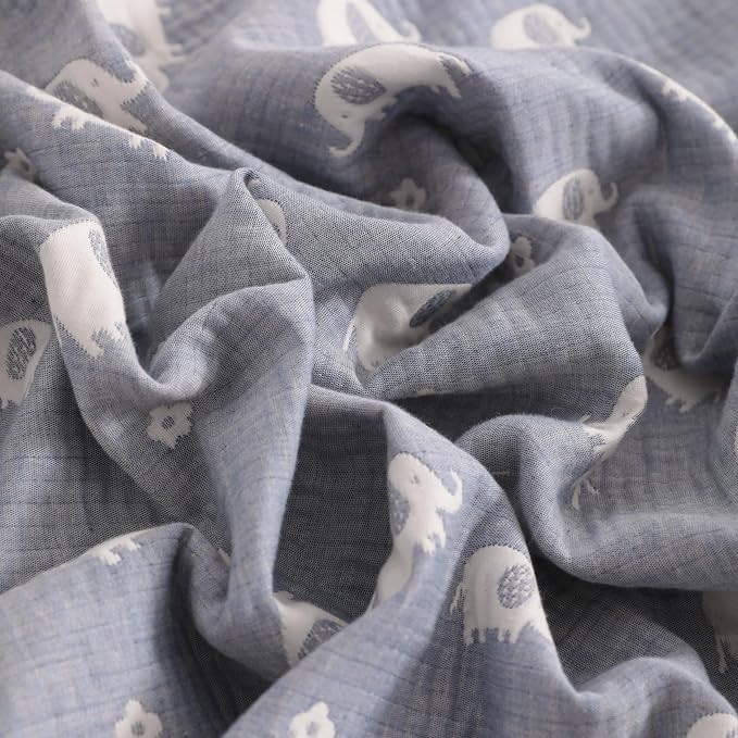 NTBAY 3 Layer Muslin Toddler Blanket, 30 x 40, Blue Elephant | Breathable Muslin Cotton Outer Layers with Light Thermal Fill, Reversible for Stroller, Daycare, Travel, and Supervised Use