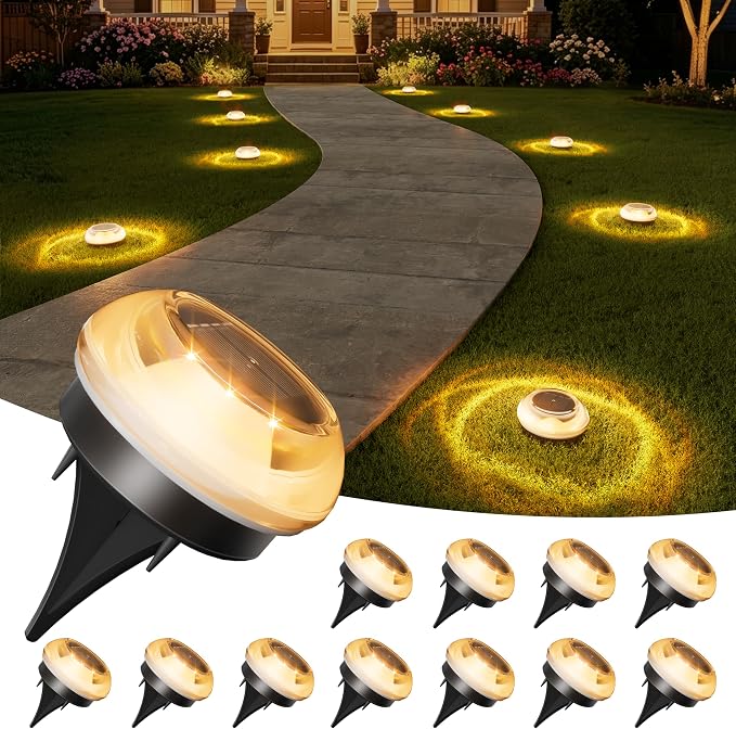 VOLISUN Mini Solar Pathway Lights Outdoor,12 Pack Flat Solar Ground Lights | IP67 Waterproof Solar Powered Disc Lights,Landscape Lighting for Garden Yard Walkway Luces Patio Driveway,Warm White