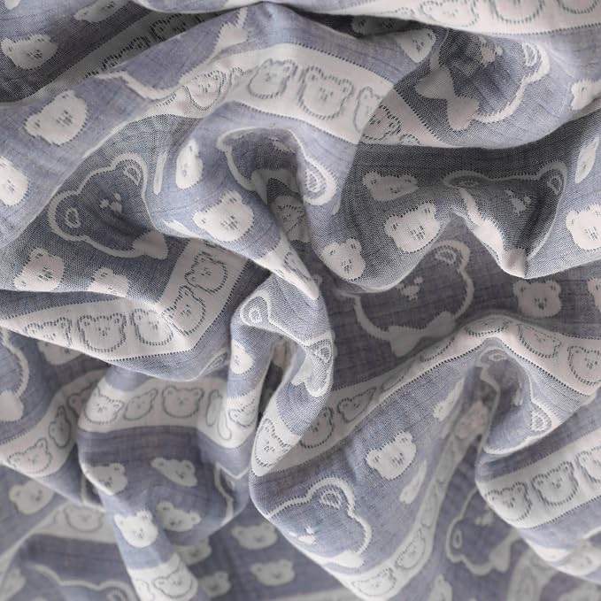 NTBAY 3 Layer Muslin Toddler Blanket, 30 x 40, Blue Bear | Breathable Muslin Cotton Outer Layers with Light Thermal Fill, Reversible for Stroller, Daycare, Travel, and Supervised Use