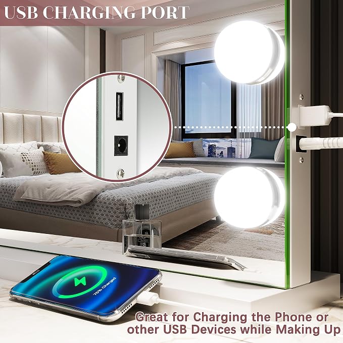 ROLOVE 32"x24" Hollywood Vanity Mirror with Lights, 15 Dimmable LED Bulbs, 3 Color Modes, 10X Magnification, USB Charging Port, Tabletop or Wall-Mounted