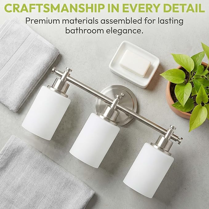 3-Light Bathroom Vanity Light Fixtures, Brushed Nickel Bathroom Wall Sconce, Modern Sliver Vanity Light with Milky White Glass Shade Over Mirror, Bathroom, Bedroom, E26 Base, 17 Inch