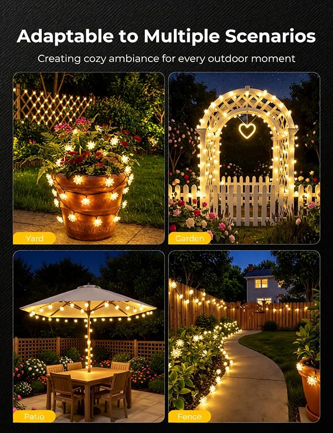 Brightown 50 LED Flower Solar String Lights Outdoor Waterproof, Warm White | Solar Christmas Lights with 8 Modes, Fairy Lights for Garden Fence Yard Lawn Tree Wedding Party