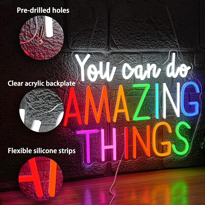 You Can Do Amazing Things Neon Sign Dimmable Positive Letter Neon Light Rainbow Color Light Up Sign for Bedroom Classroom Birthday Party Decor(16.54 * 12.6In)