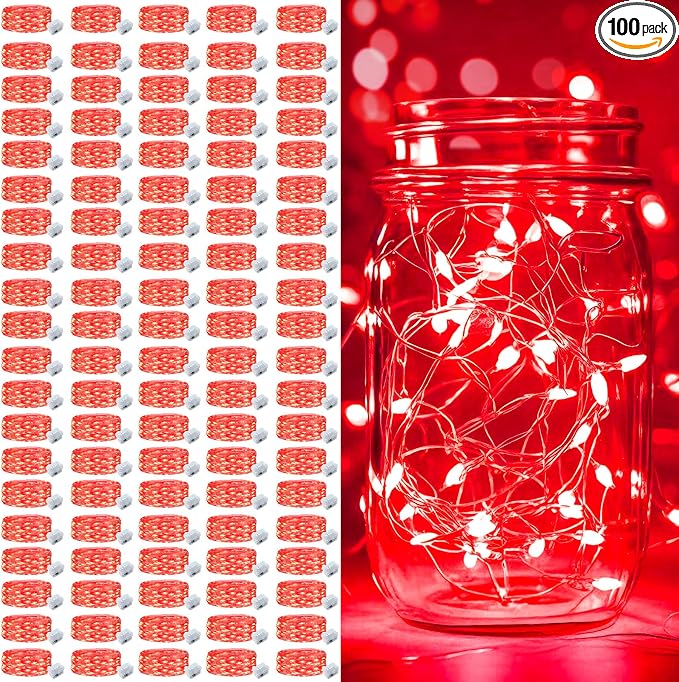 pozzolanas 100 Pack Red Battery Operated String Lights - 7ft Waterproof Fairy Lights with 20 LEDs for Home, Mason Jar, Party, Wedding, Halloween, Christmas Decorations