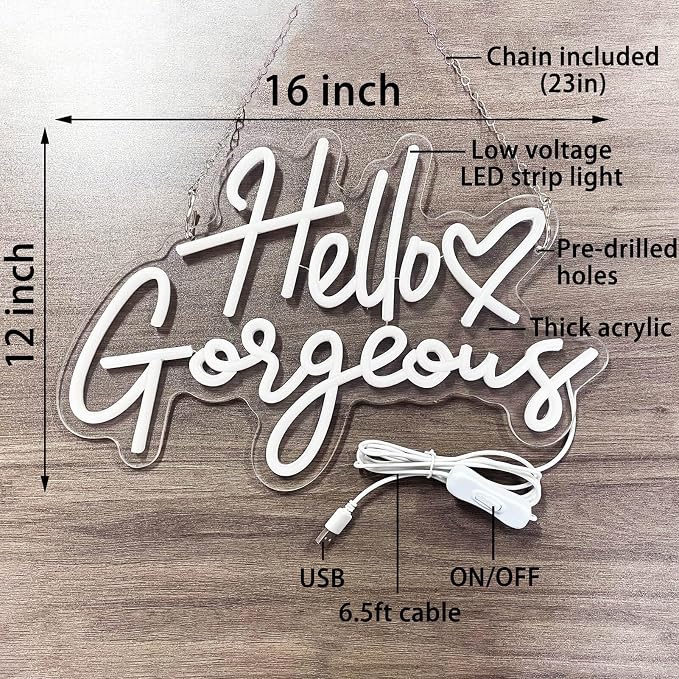 Hello Gorgeous Neon Signs for Wall Decor with Heart, Purple Gorgeous LED Sign Lights for Bedroom Dorm Home Salon Wedding Party, 16"x12" Preppy Cute Room Decor Woman Cave - 100,000H Lifespan