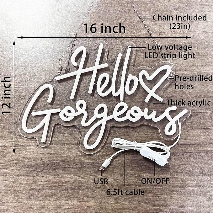 Hello Gorgeous Neon Signs for Wall Decor with Heart, Pink Gorgeous LED Sign Lights for Bedroom Dorm Home Salon Wedding Party, Cute Makeup Dressing Beauty Room Decor, Preppy Girls Woman Cave