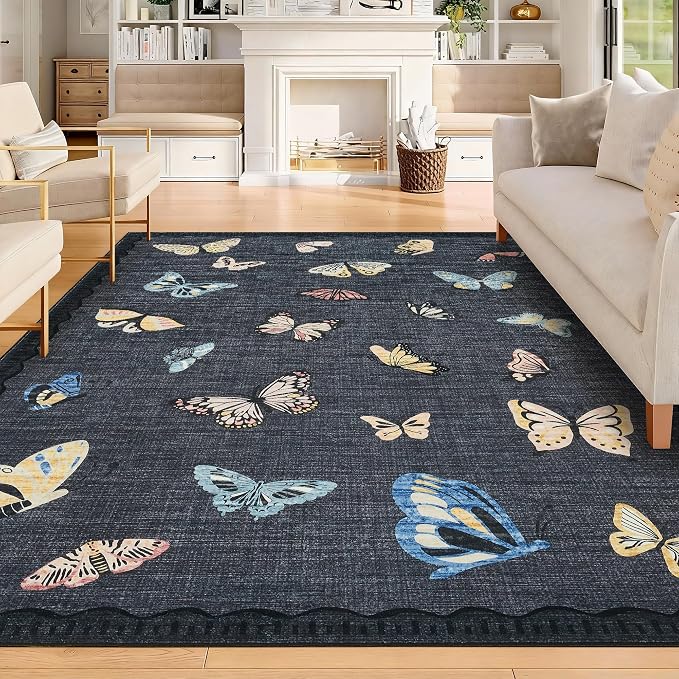 GarveeHome Butterfly Area Rug 6x9, No Slip Washable Rug, Modern Bedroom Rug Under Bed Ultra Carpet, Low-Profile Rugs for Living Room Bedroom Dining Room, Black