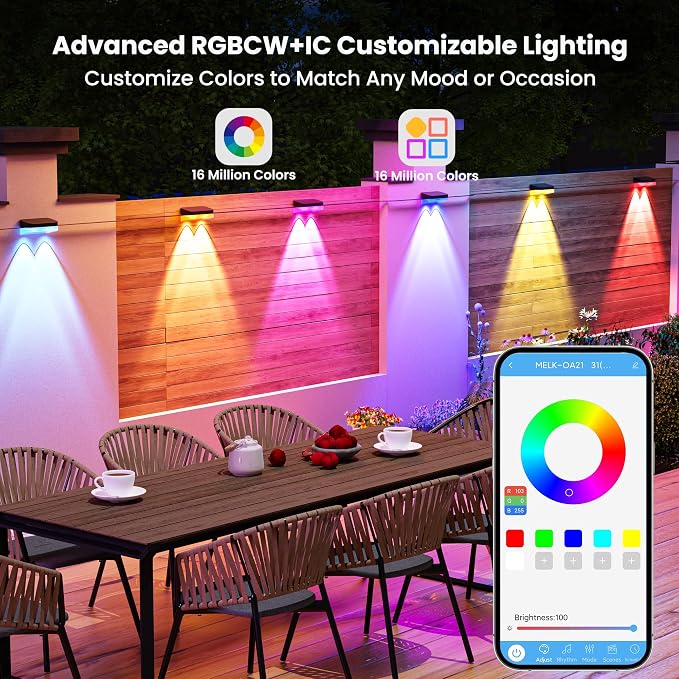 50FT Outdoor Fence Lights, 8 Packs Smart Deck Lights App/Remote Control | 16 Million Monochrome Modes, RGBCW+IC, Color Changing Lights for Fence, IP67 Waterproof for Backyard Railing Decor