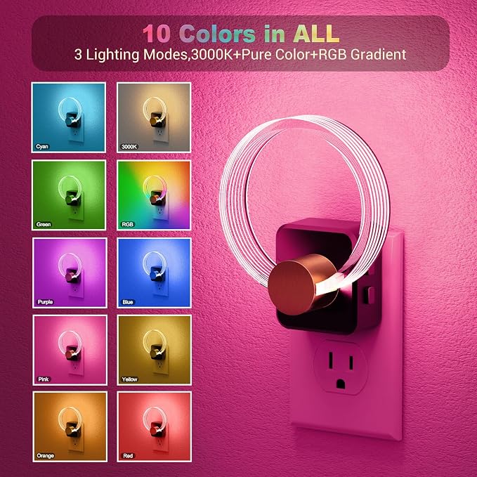 JandCase Night Light, Color Changing Night Lights Plug into Wall, 1 Pack | RGB Nightlight with Light Sensor, 180° Rotatable Plug in Nightlights, Dimmable Ring Acrylic Night Light for Kids Gift Hallway