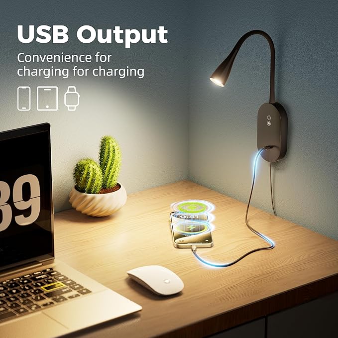 deeloop LED Wall Mount Reading Lamp, CRI 95+ Wall Sconce Light with 10W USB Output，4 Color 5 Dimming Touch Control Wall Lamps with 4 Hours Auto-Off Bed Lighting Spotlight Black