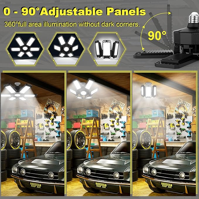 ISKYDRAW LED Garage Lights 185W, 8 Pack 18500LM Bright Shop Light with 6+1 Deformable Panels, 6500K Daylight Garage Ceiling Light Screw in E26/E27 Bulb Bay Lighting for Workshop Basement Barn Attic